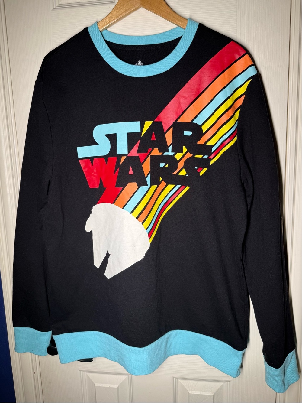 Disney Star Wars Black Sweatshirt with Red, Orange, Yellow & Blue Stripes
